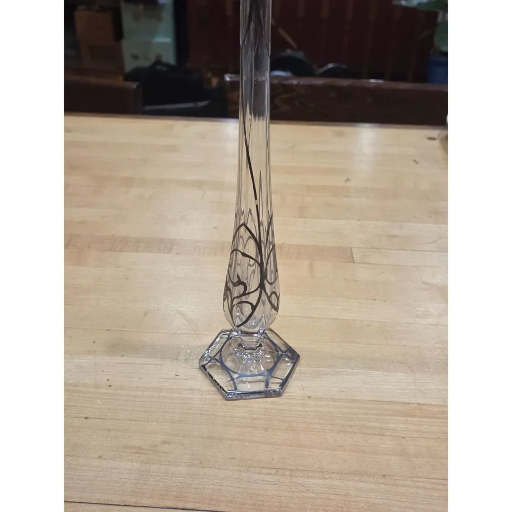 Vintage Art Nouveau Silver Overlay Clear Glass Hexagonal Bud Vase 11